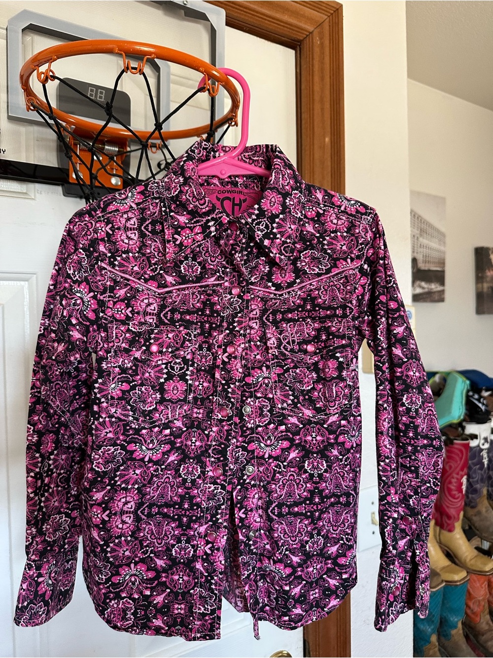 Girls' Pink Floral Button-Down Western Shirt